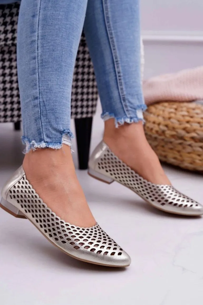 Baleriny Damskie Złote Skórzane Exquisite 1107/1