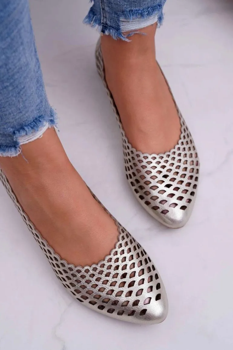 Baleriny Damskie Złote Skórzane Exquisite 1107/1