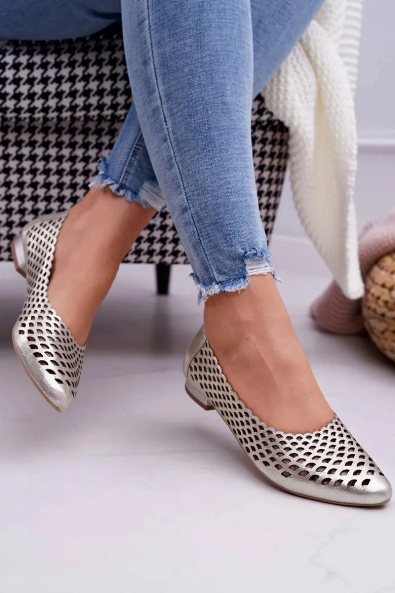 Baleriny Damskie Złote Skórzane Exquisite 1107/1