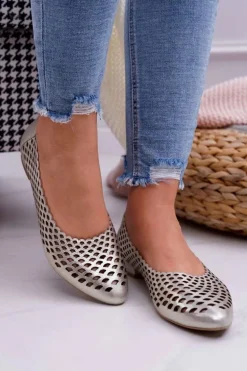 Baleriny Damskie Złote Skórzane Exquisite 1107/1