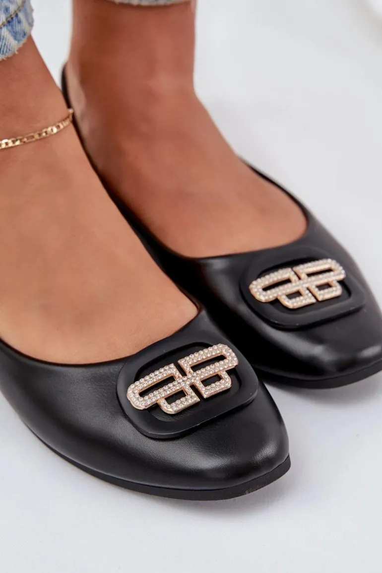 Baleriny Na Płaskiej Podeszwie Z Ozdobą Czarne Ainoria
