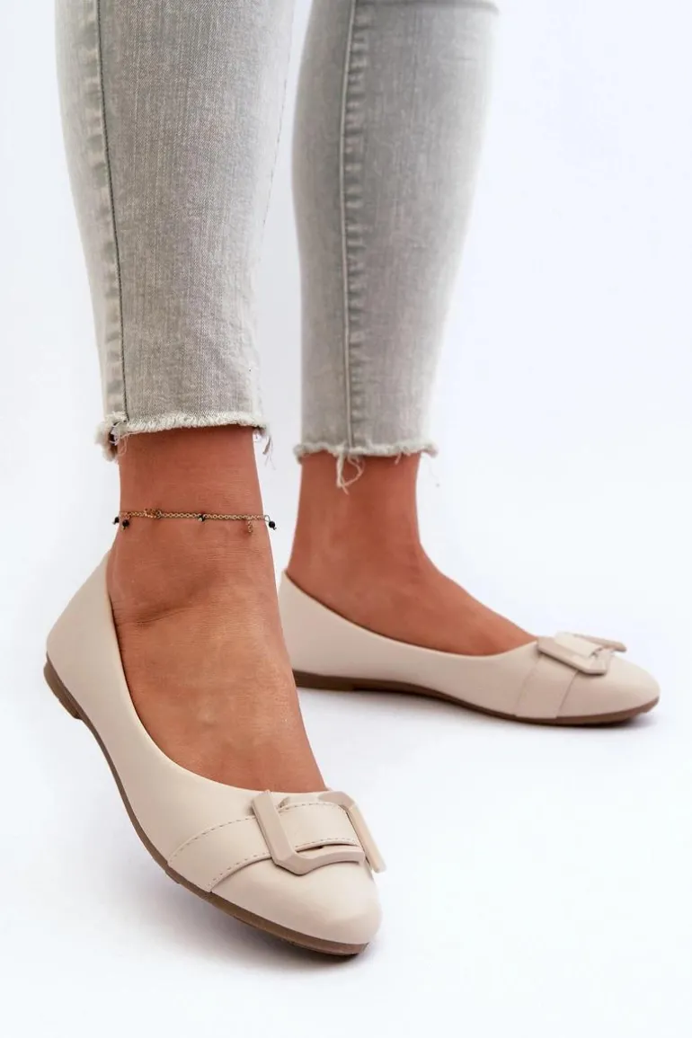 Baleriny Z Paskiem I Ozdobą Eko Skórzane Jasnobeżowe Cadwenla