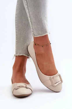 Baleriny Z Paskiem I Ozdobą Eko Skórzane Jasnobeżowe Cadwenla