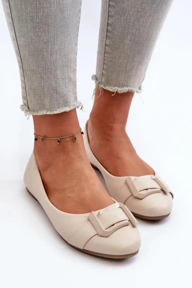 Baleriny Z Paskiem I Ozdobą Eko Skórzane Jasnobeżowe Cadwenla