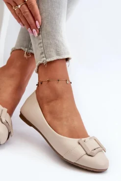 Baleriny Z Paskiem I Ozdobą Eko Skórzane Jasnobeżowe Cadwenla