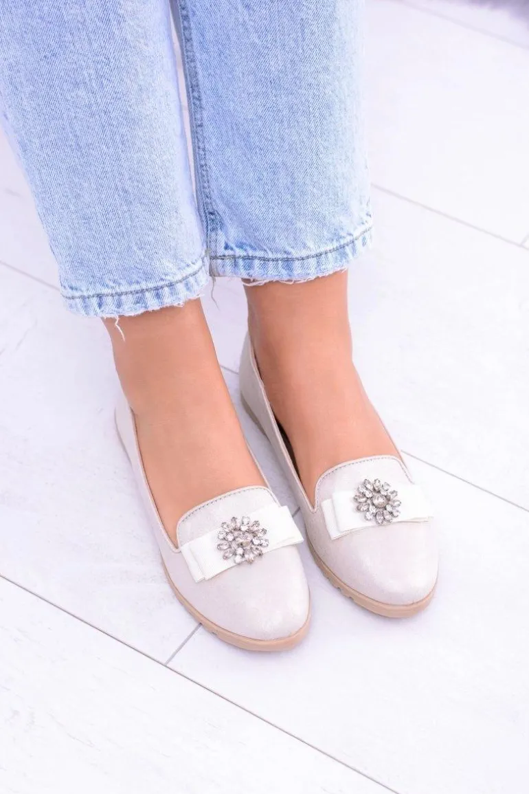 Beżowe Damskie Baleriny Lordsy Cyrkonie Rumi