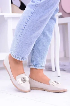 Beżowe Damskie Baleriny Lordsy Cyrkonie Rumi