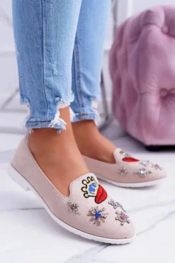 Beżowe Damskie Baleriny Naszywki Princess