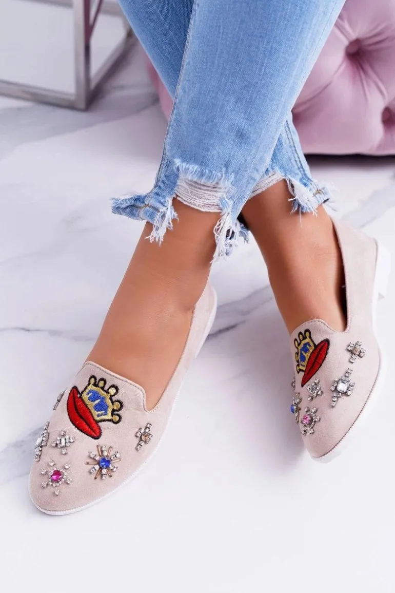Beżowe Damskie Baleriny Naszywki Princess