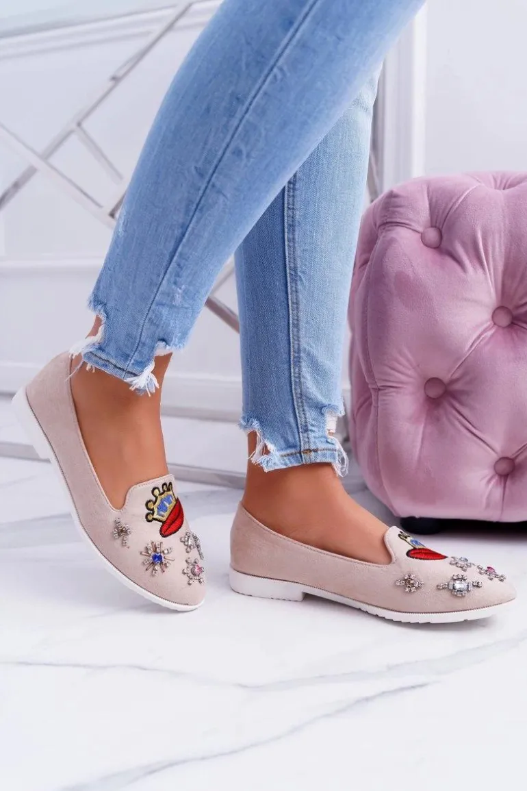 Beżowe Damskie Baleriny Naszywki Princess