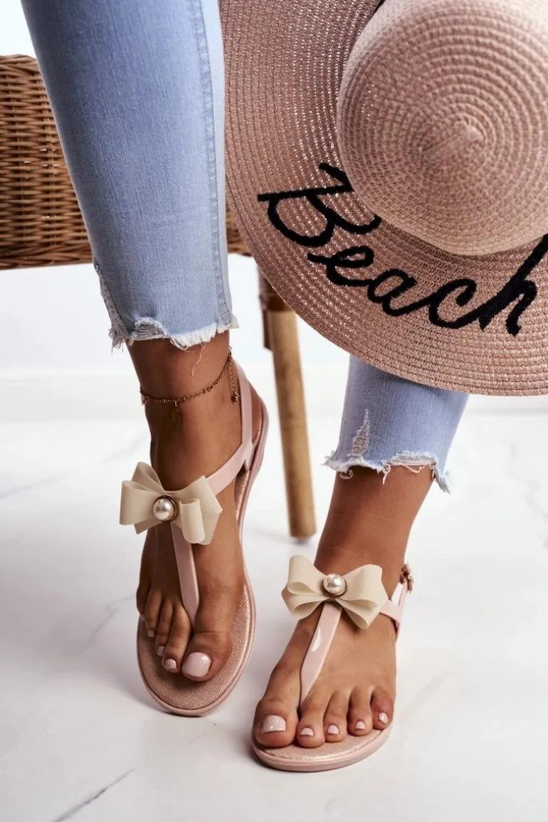 Beżowe Damskie Gumowe Sandałki Japonki Kokarda Etta