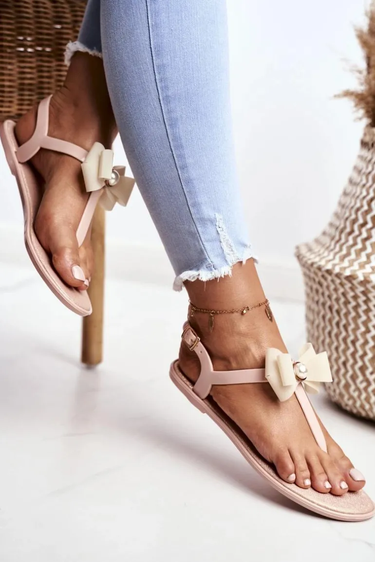 Beżowe Damskie Gumowe Sandałki Japonki Kokarda Etta