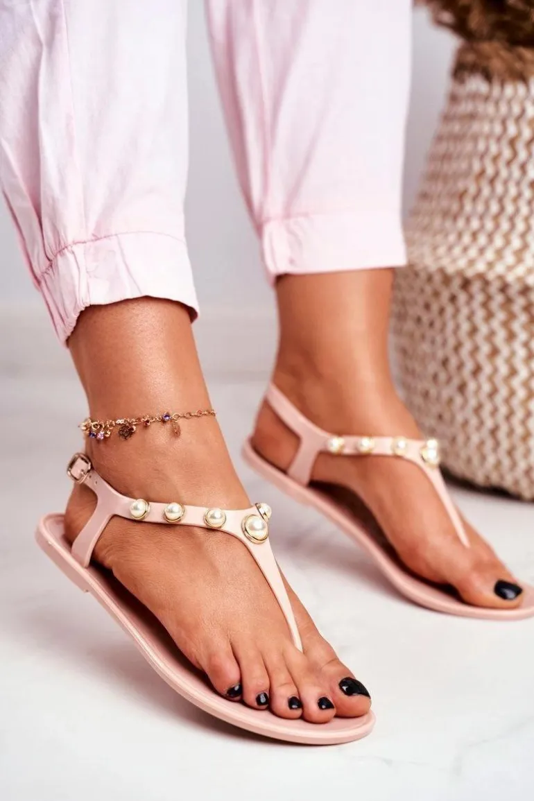 Beżowe Damskie Gumowe Sandałki Japonki Perełki Denise