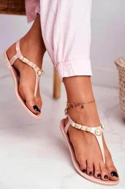 Beżowe Damskie Gumowe Sandałki Japonki Perełki Denise