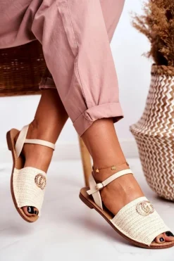 Beżowe Damskie Płaskie Sandałki Lu Boo Plecione Felicia