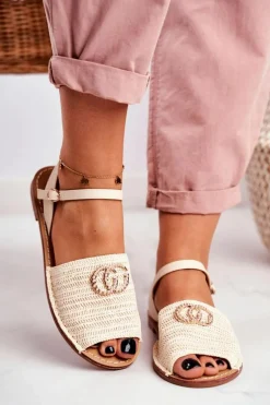 Beżowe Damskie Płaskie Sandałki Lu Boo Plecione Felicia