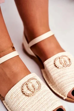 Beżowe Damskie Płaskie Sandałki Lu Boo Plecione Felicia