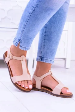 Beżowe Damskie Płaskie Sandałki Sunnyside