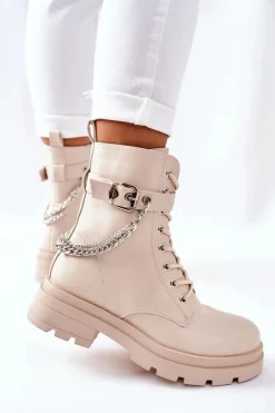 Beżowe Workery Botki z Łańcuchem Midtown