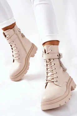 Beżowe Workery Botki z Łańcuchem Midtown