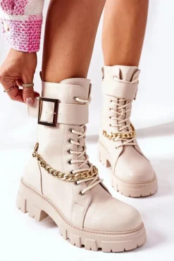 Beżowe Workery Botki z Łańcuchem Klamra Tanaros