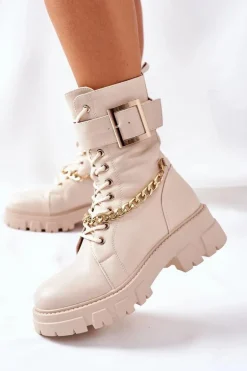 Beżowe Workery Botki z Łańcuchem Klamra Tanaros