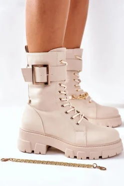 Beżowe Workery Botki z Łańcuchem Klamra Tanaros