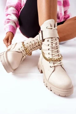 Beżowe Workery Botki z Łańcuchem Klamra Tanaros