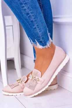 Beżowe Zamszowe Mokasyny z Kryształami Vivaro