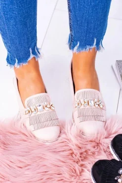 Beżowe Zamszowe Mokasyny z Kryształami Vivaro