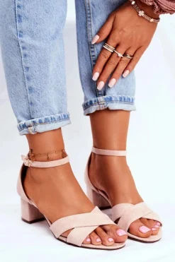 Beżowe Zamszowe Sandałki na Słupku Nela