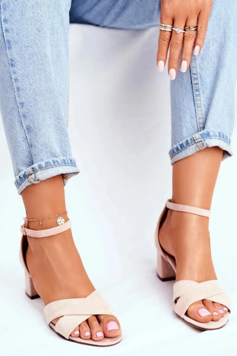 Beżowe Zamszowe Sandałki na Słupku Nela