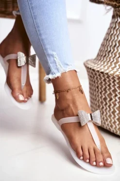 Białe Damskie Klapki Japonki Meliski z Kokardką Cekiny Morello