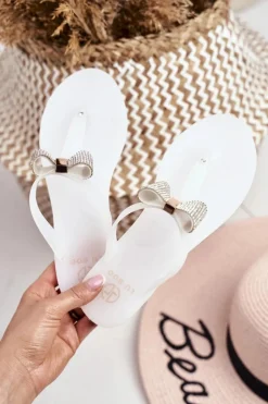 Białe Damskie Klapki Japonki Meliski z Kokardką Cekiny Morello