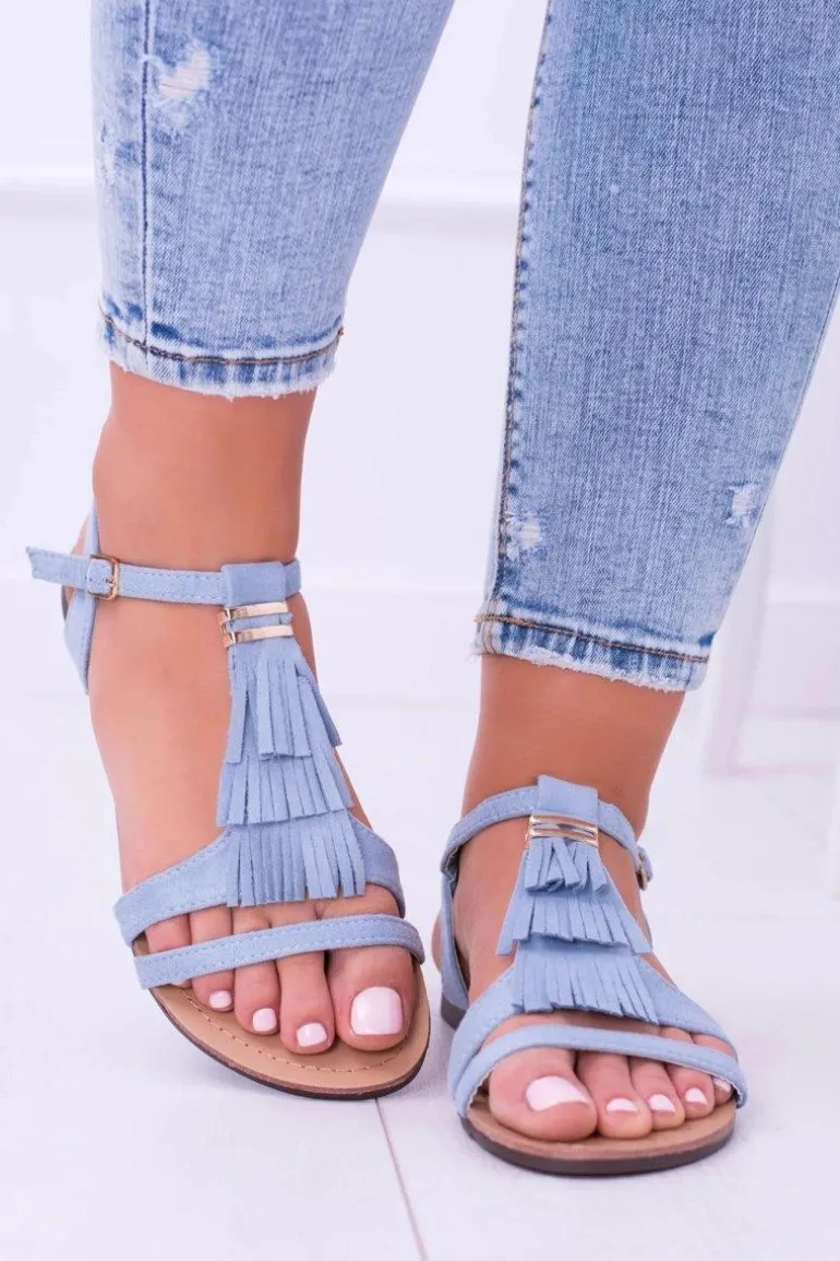 Błękitne Płaskie Zamszowe Sandały z Frędzlami Viva