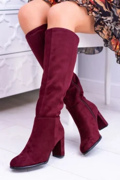 Bordowe Damskie Kozaki Zamszowe Sergio Leone KZ271