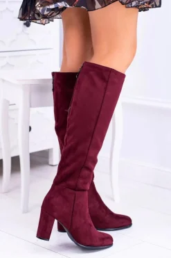 Bordowe Damskie Kozaki Zamszowe Sergio Leone KZ271