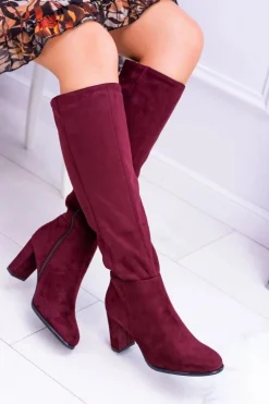 Bordowe Damskie Kozaki Zamszowe Sergio Leone KZ271