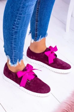 Bordowe Skórzane Damskie Tenisówki Loop