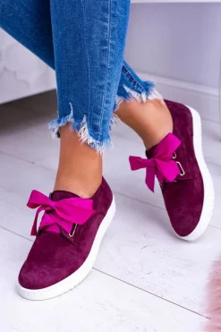 Bordowe Skórzane Damskie Tenisówki Loop