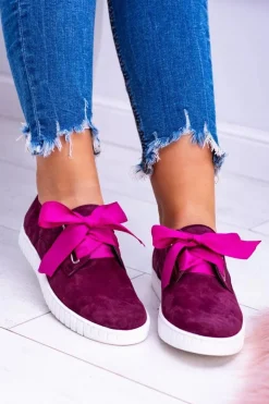 Bordowe Skórzane Damskie Tenisówki Loop