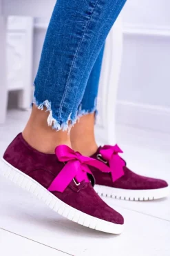 Bordowe Skórzane Damskie Tenisówki Loop