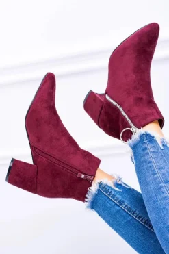 Bordowe Zamszowe Botki Na Słupku w Szpic Jonnes