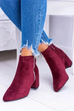 Bordowe Zamszowe Botki Na Słupku w Szpic Jonnes