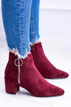 Bordowe Zamszowe Botki Na Słupku w Szpic Jonnes