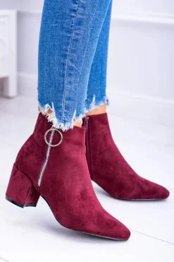 Bordowe Zamszowe Botki Na Słupku w Szpic Jonnes