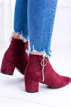 Bordowe Zamszowe Botki Na Słupku w Szpic Jonnes