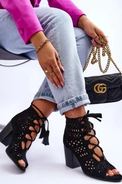 Botki Ażurowe Na Obcasie Czarne Letya