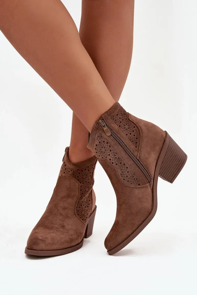 Botki Damskie Ażurowe Na Obcasie S.Barski HY52-529 Brązowe