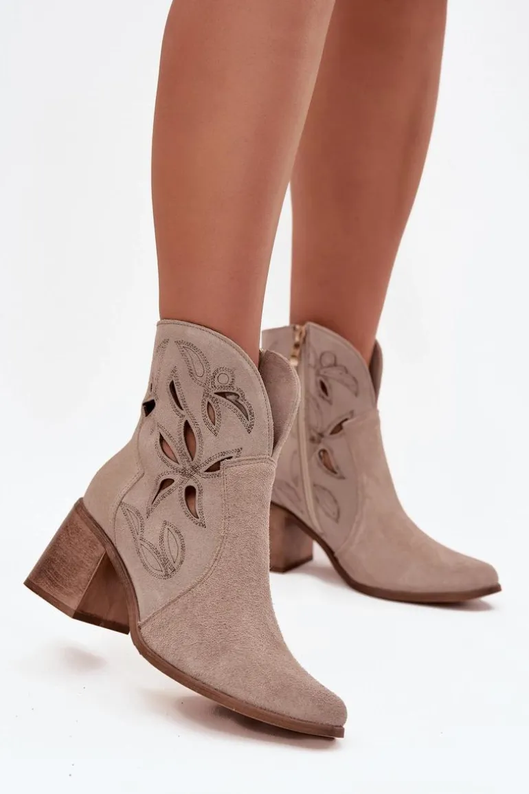 Botki Damskie Ażurowe Z Naturalnego Zamszu Na Słupku Zazoo 3690 Beżowe